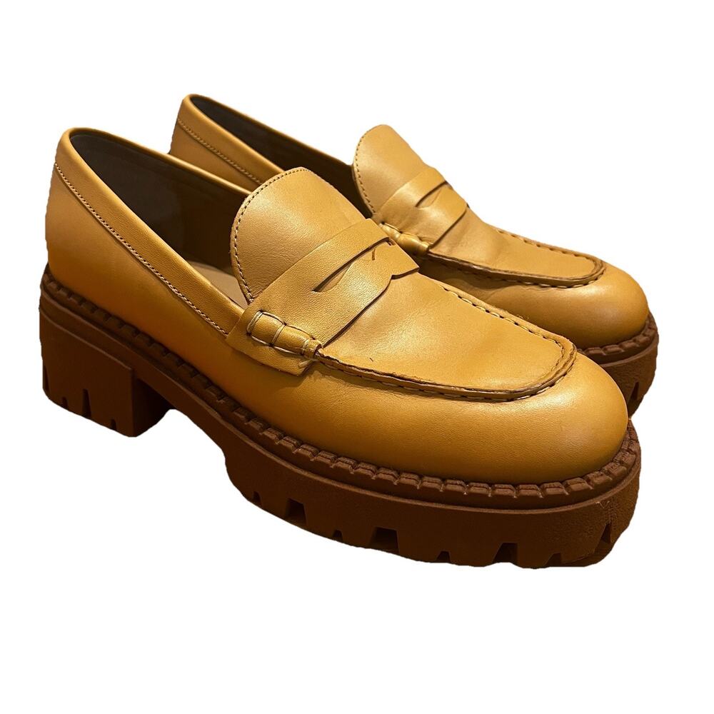 Free People Mustard Yellow Leather Lug Sole Penny Loafers